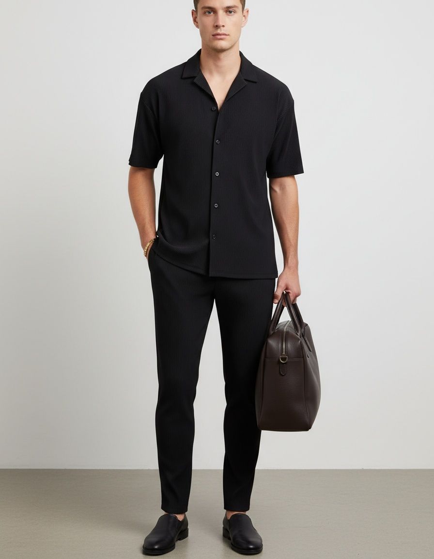 Slim Fit Solid Color Cotton Blend Shirt and Pants Two-Piece Set for Men's Casual Summer Wear