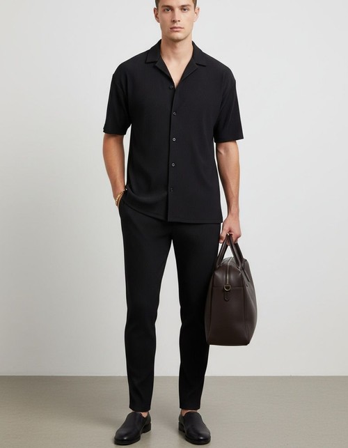 Slim Fit Solid Color Cotton Blend Shirt and Pants Two-Piece Set for Men's Casual Summer Wear