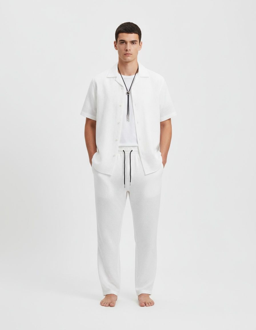 Collared Business Casual Two-Piece Set with Breathable Short-Sleeve Shirt and Trousers for Men's Summer Wear