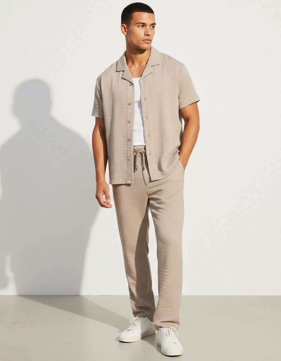 Traje de dos piezas para hombre, con camisa de manga corta y pantalón informal de color liso.