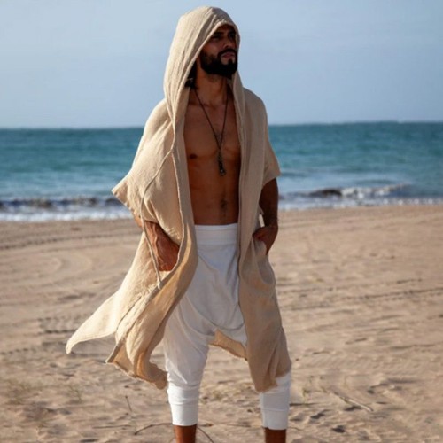 Hooded Sun Protection Cotton Beach Cape for Men's Vacation Wear