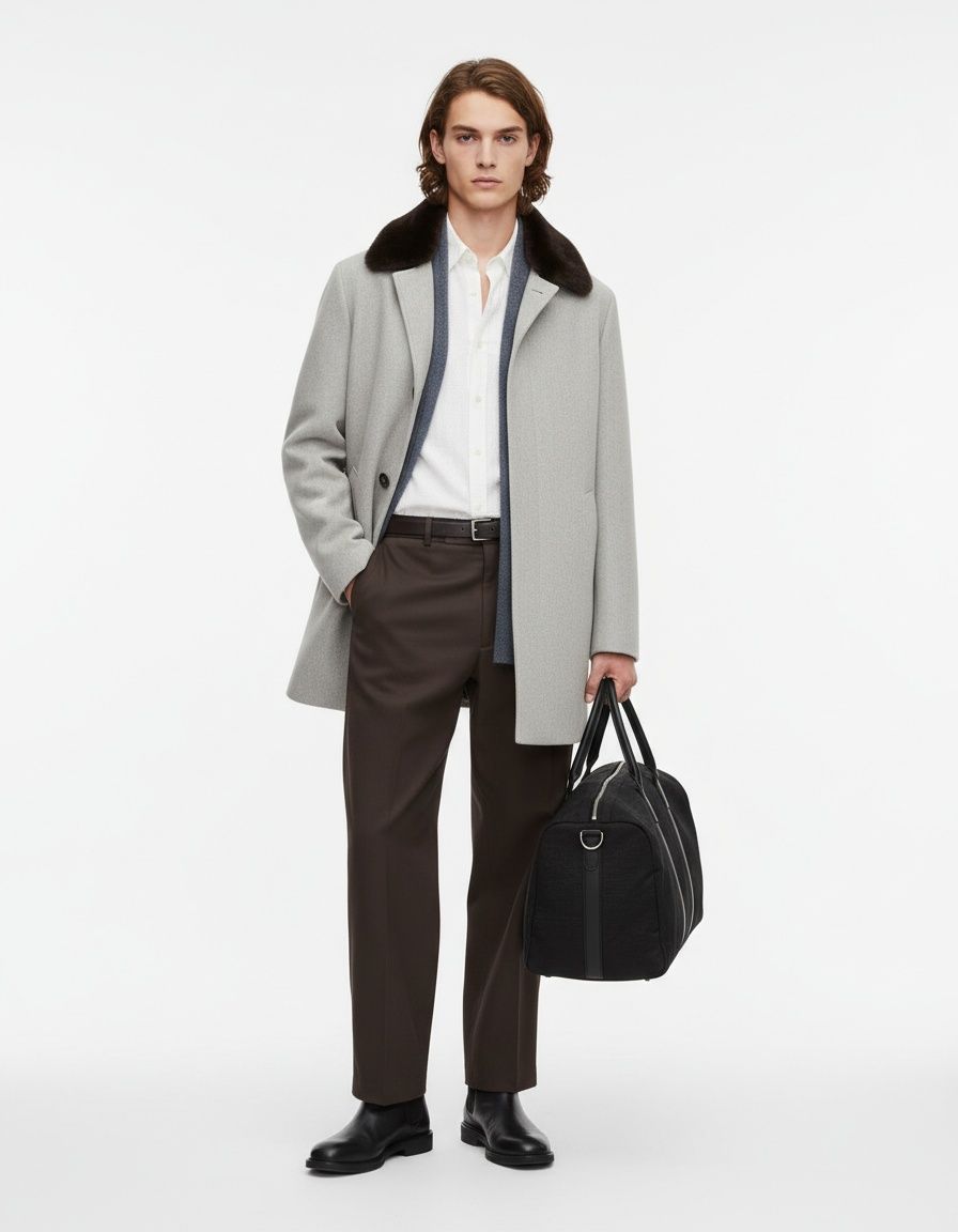 Fake Fur-lined Wool Blend Mid-length Winter Coat for Men's Casual Wear