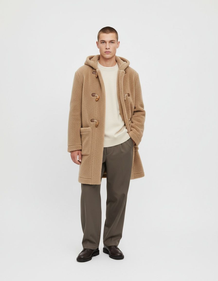 Locker geschnittener, flauschiger Dufflecoat mit Kapuze und langen Ärmeln für Herren – lässige Winterbekleidung