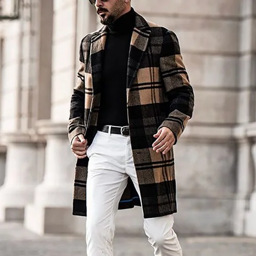 Cappotto invernale da uomo a quadri in lana, vestibilità slim, lunghezza media, casual.