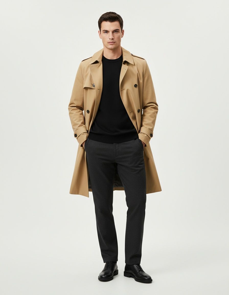 Double-Breasted Lapel Trench Coat with Casual Tie for Men's Winter Wear