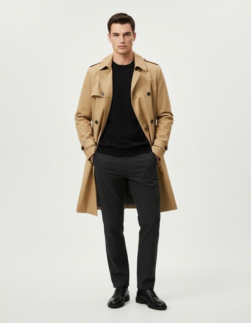 Double-Breasted Lapel Trench Coat with Casual Tie for Men's Winter Wear