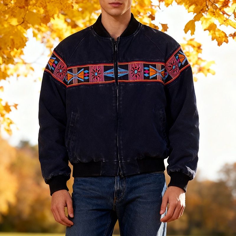 Retro American Style Printed Zip-Up Jacket for Men's Casual Winter Wear