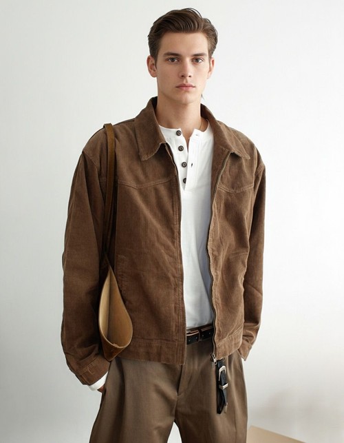 Corduroy Retro Lapel Jacket with Loose Casual Fit for Men's Winter Wear