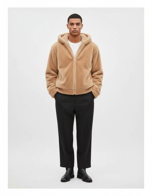 Plush Fluffy Hooded Zip-Up Winter Jacket for Men's Casual Warmth