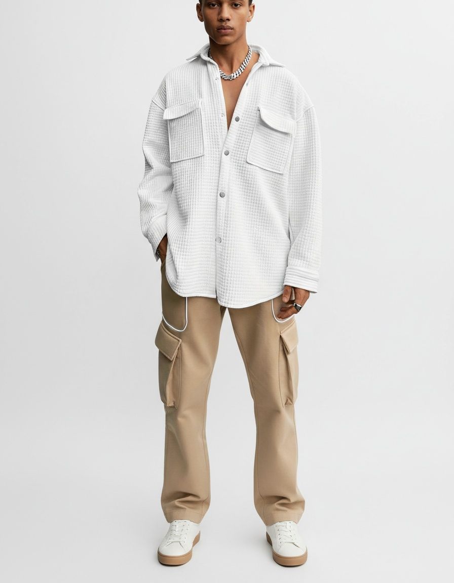 Waffle Fabric Long-Sleeve Shirt Jacket with Single-Breasted Casual Fit for Men's Early Spring Wear