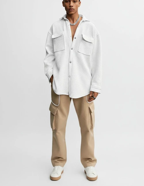 Waffle Fabric Long-Sleeve Shirt Jacket with Single-Breasted Casual Fit for Men's Early Spring Wear