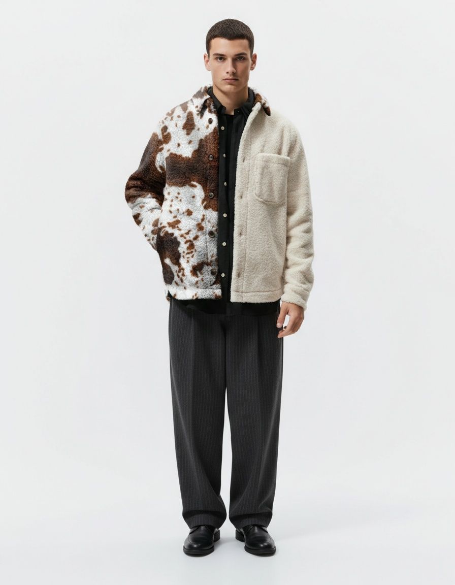 Printed Woolen Plush Jacket with Loose Casual Fit for Men's Spring Wear