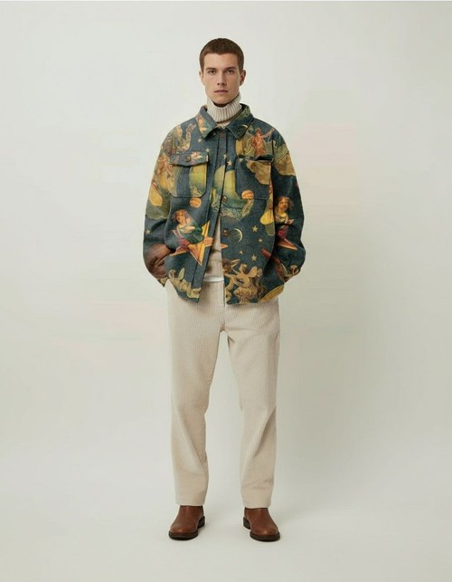 Loose Fit Printed Lapel Jacket for Men's Casual Spring Wear