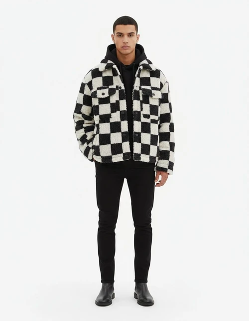Chaqueta informal de invierno holgada a cuadros blancos y negros para hombre