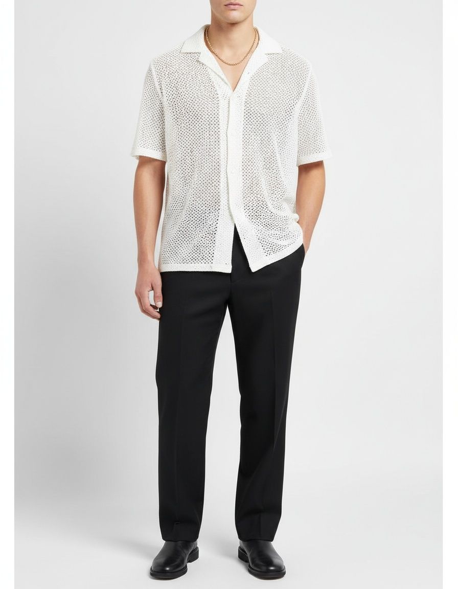 Camisa de solapa con diseño hueco de punto para uso casual de primavera y verano para hombre