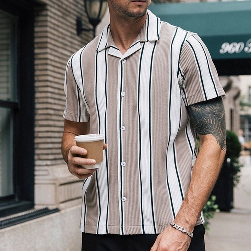 Camisa informal de manga corta con bloques de color a rayas para hombre, transpirable, para verano