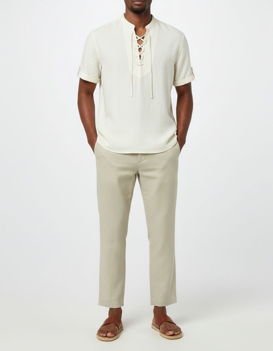 Henley-Hemd mit V-Ausschnitt und kurzen Ärmeln aus Baumwoll-Leinen-Mischgewebe in lockerer, lässiger Passform für Herren