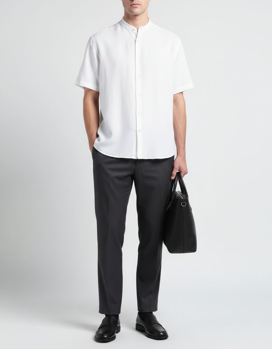 Slim Fit Breathable Solid Color Short-Sleeve Button-Down Shirt for Men's Casual Summer Wear