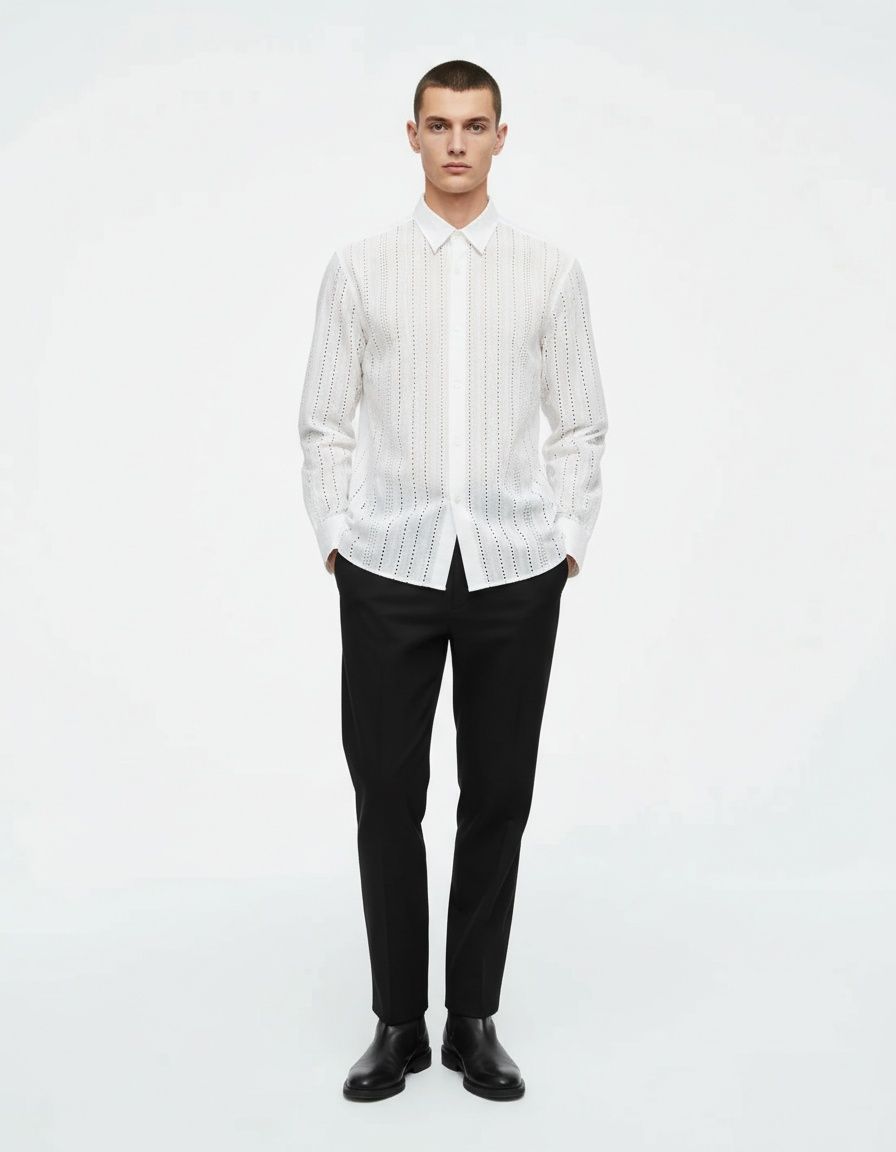 Hollowed-Out Breathable Short-Sleeve Shirt with Loose Casual Fit for Men