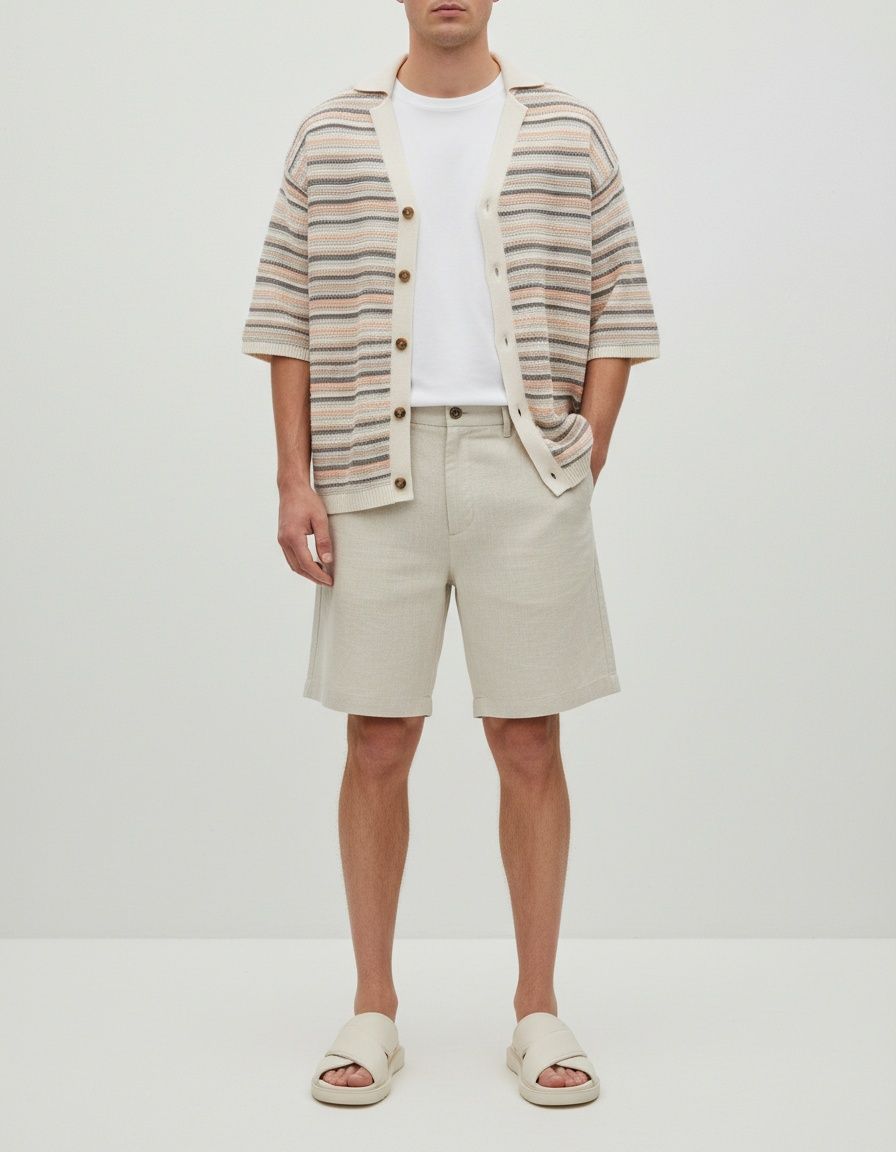 Hollow-Out Knit Slim Fit Short-Sleeve Shirt for Men's Casual Summer Wear