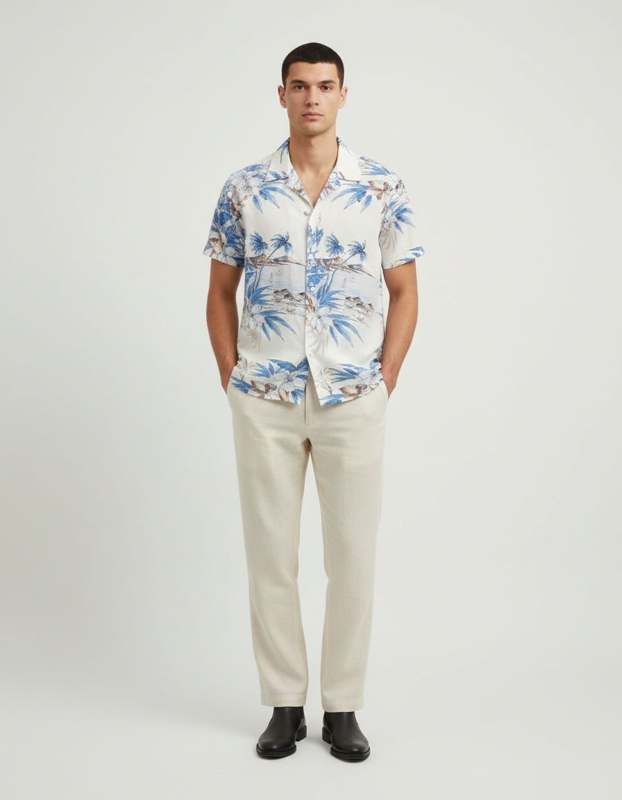 Slim Fit Printed Short-Sleeve Shirt for Men's Summer Beach Wear