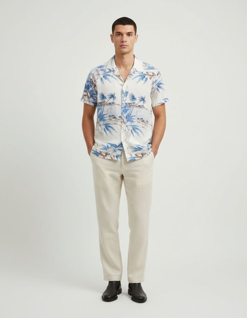 Slim Fit Printed Short-Sleeve Shirt for Men's Summer Beach Wear