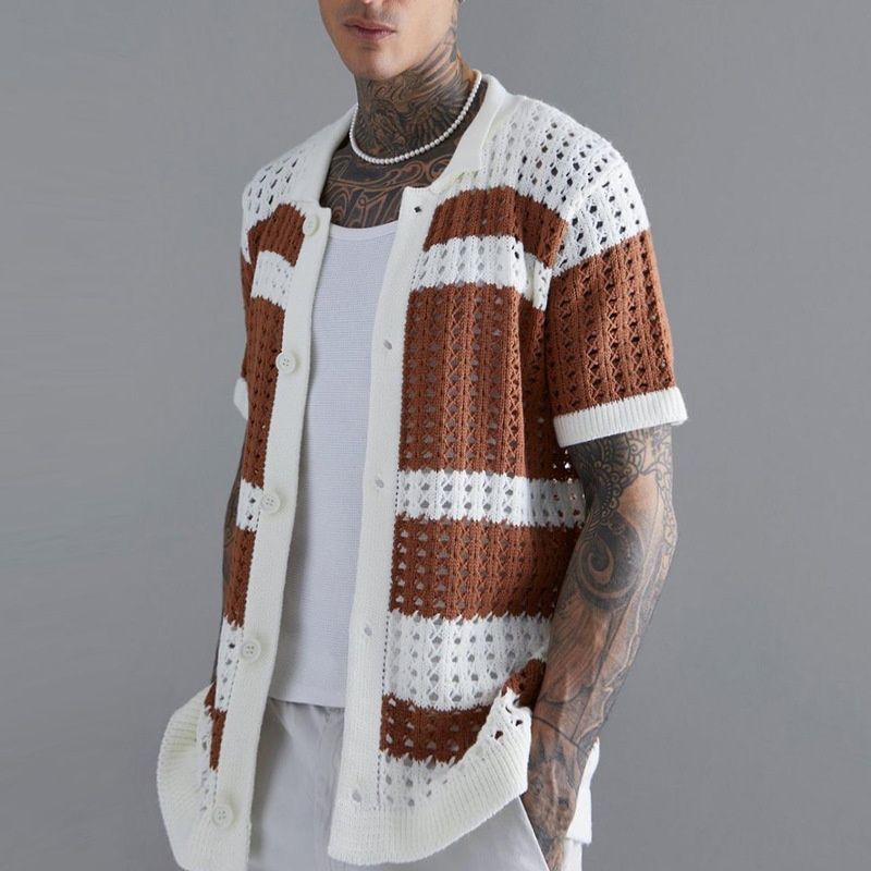 Slim Fit Openwork Knitted Short-Sleeve Shirt for Men's Casual Summer Wear