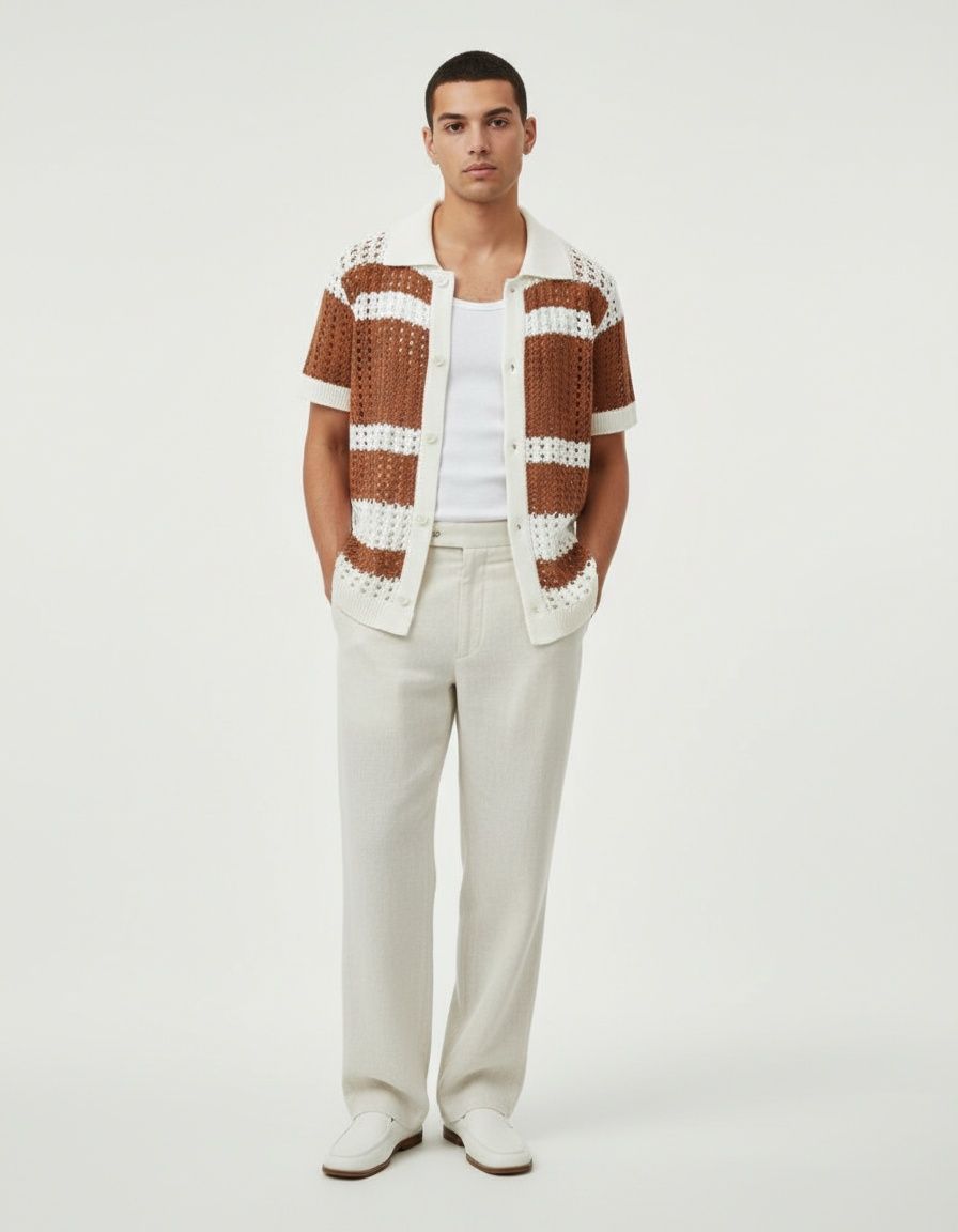 Slim Fit Openwork Knitted Short-Sleeve Shirt for Men's Casual Summer Wear