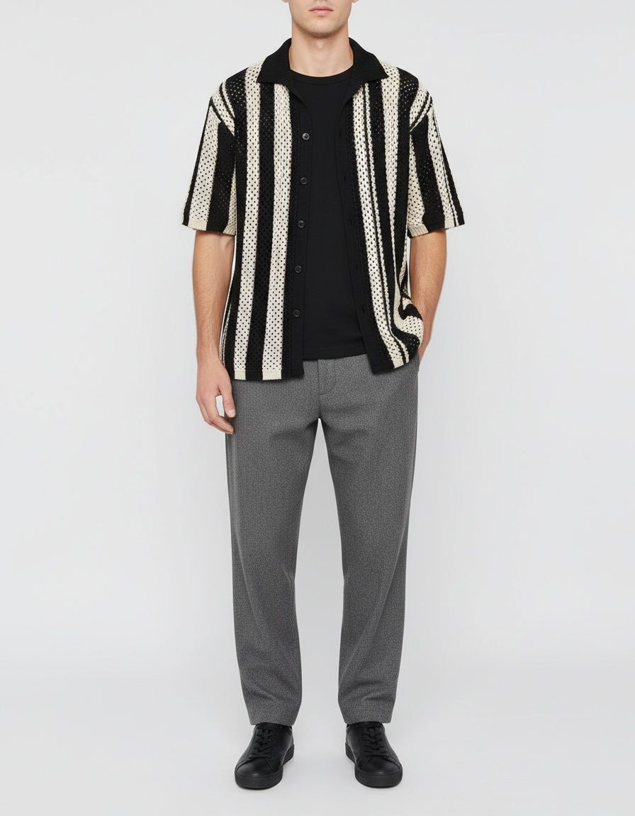 Knitted Patchwork Striped Mesh Shirt with Breathable Retro Fit for Men