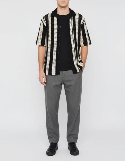 Knitted Patchwork Striped Mesh Shirt with Breathable Retro Fit for Men