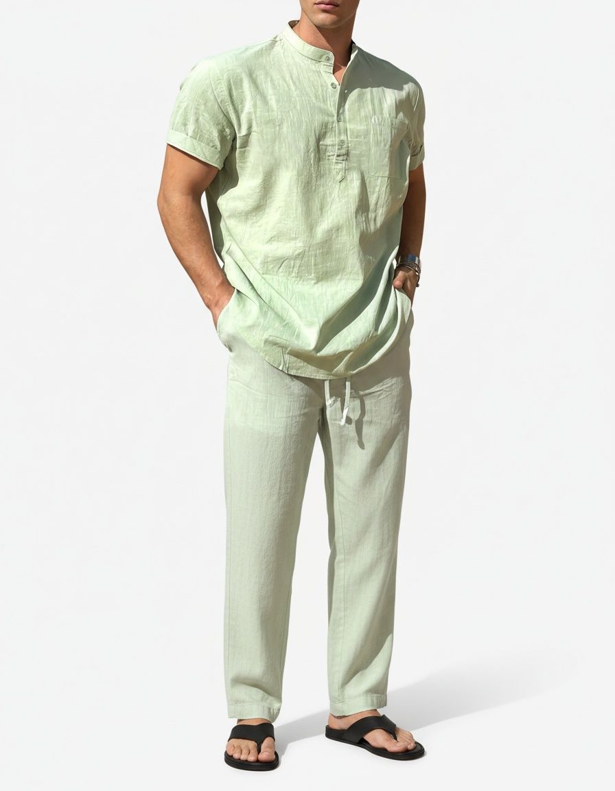 Stand Collar Short-Sleeve Cotton Blend Shirt for Men's Casual Summer Wear