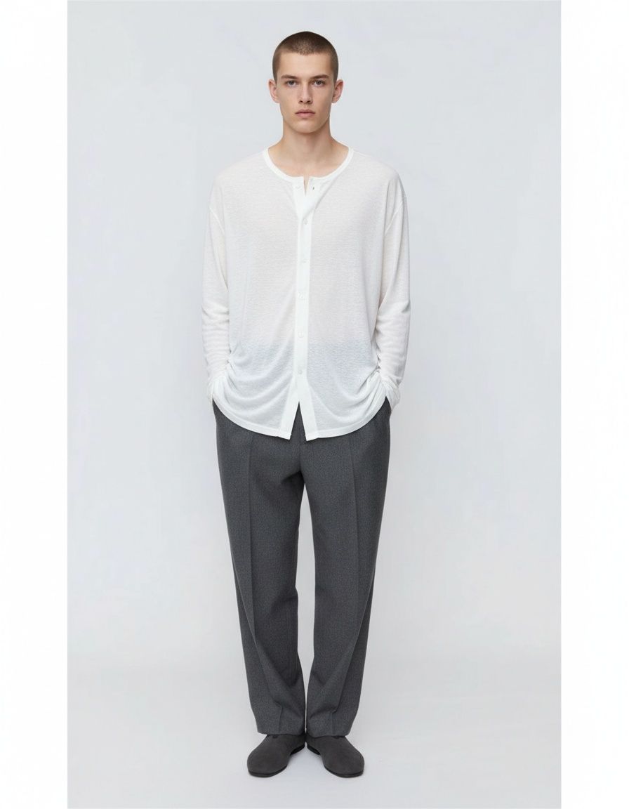 Camisa de manga larga, transpirable y ligeramente transparente, de botonadura sencilla para uso informal de otoño para hombre.