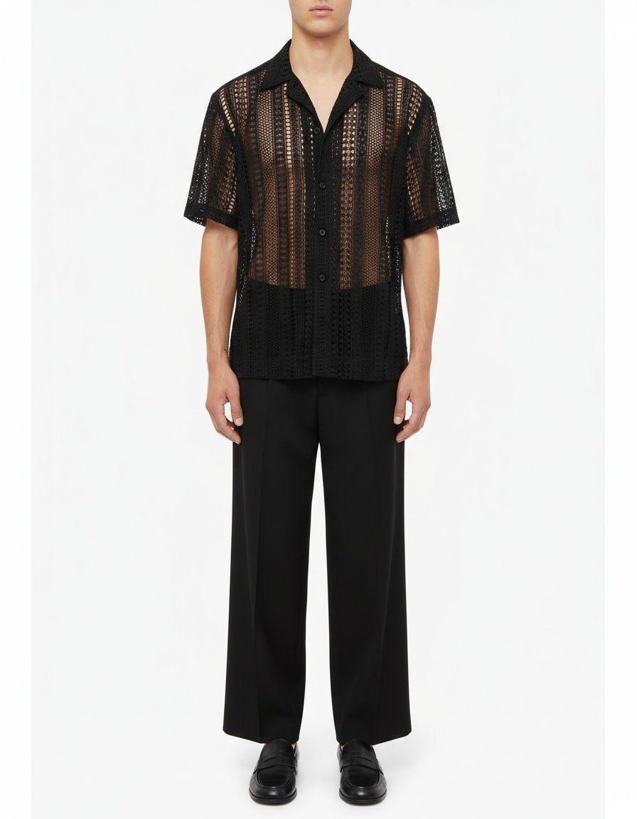 Camisa holgada de encaje con aberturas para uso informal de verano para hombre