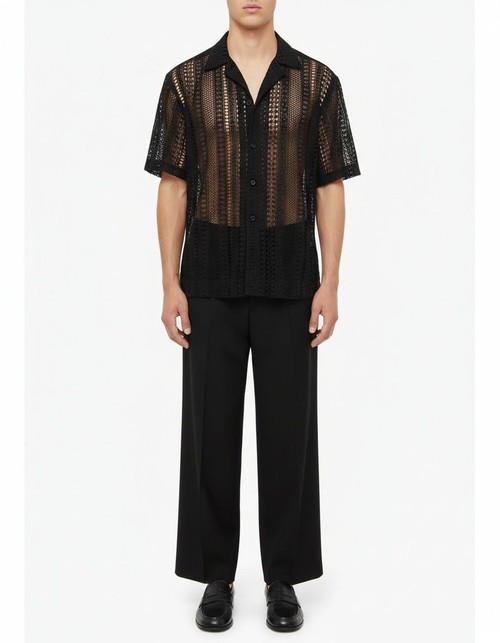 Camisa holgada de encaje con aberturas para uso informal de verano para hombre