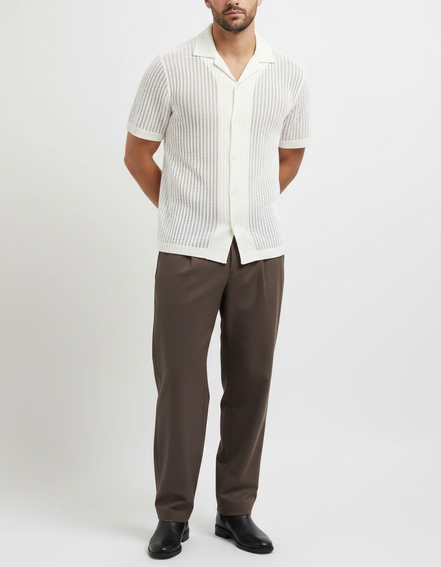 Camisa de punto de manga corta transpirable y ahuecada para uso informal de verano para hombre.