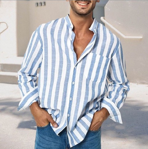Camisa informal de manga larga a rayas para hombre, ideal para primavera y verano.