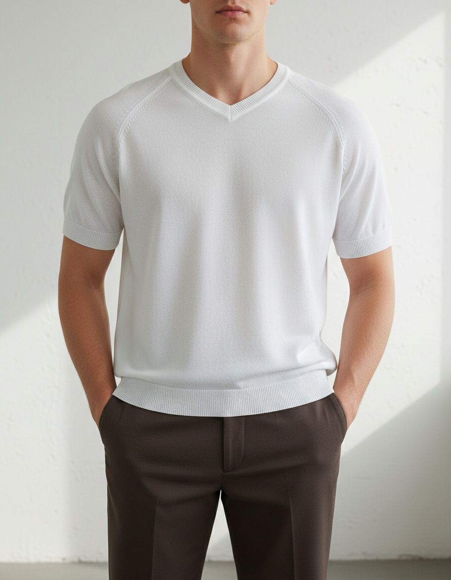 Knitted V-Neck Slim Fit T-Shirt for Men's Breathable Summer Casual Wear