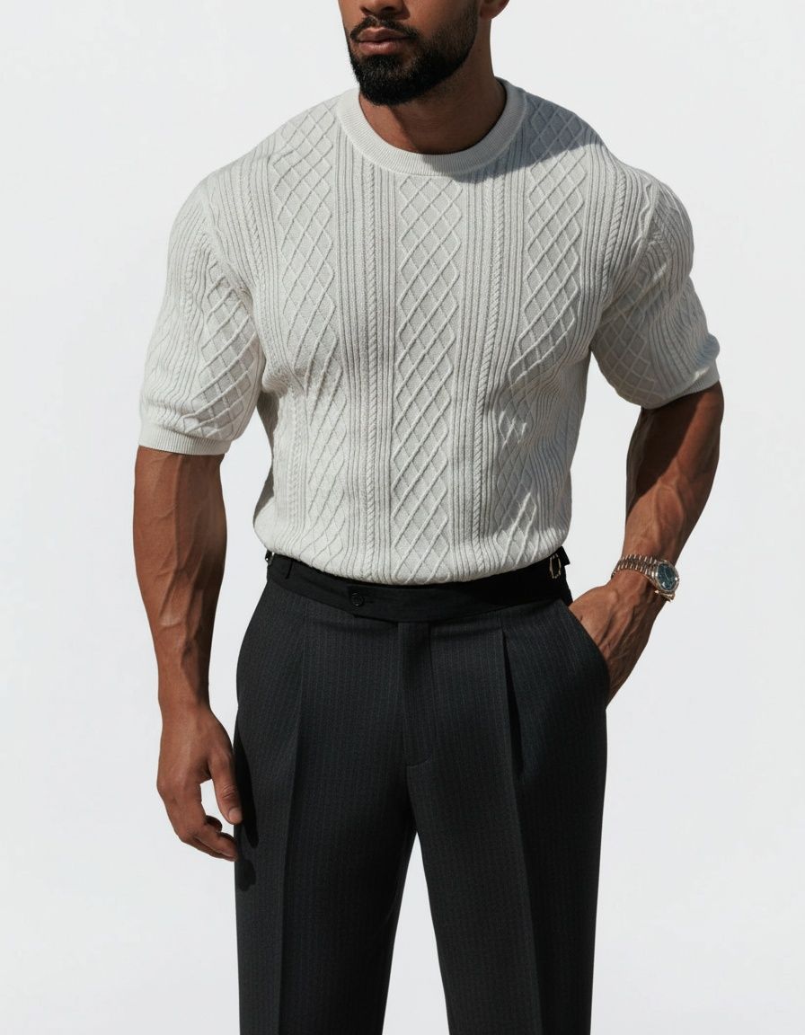 Jacquard Knit Short-Sleeve T-Shirt with Breathable Casual Fit for Men