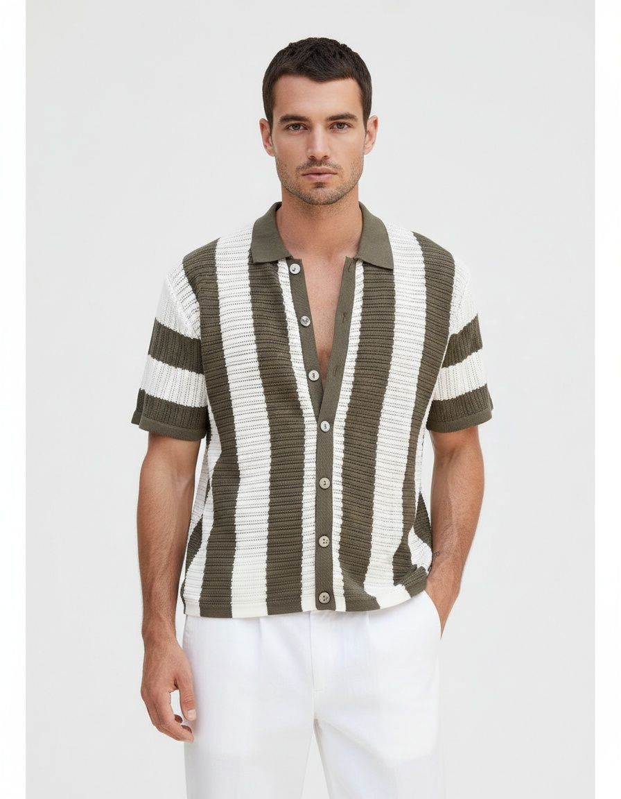 Loose Fit Color-Block Striped Short-Sleeve T-Shirt for Men's Casual Summer Wear