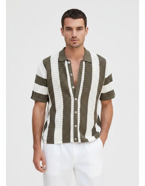 Loose Fit Color-Block Striped Short-Sleeve T-Shirt for Men's Casual Summer Wear