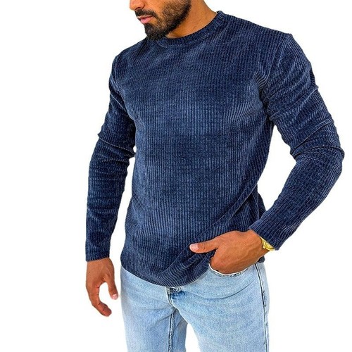 Solid Color Corduroy Crew Neck Long Sleeve T-Shirt for Men's Breathable Winter Casual Wear