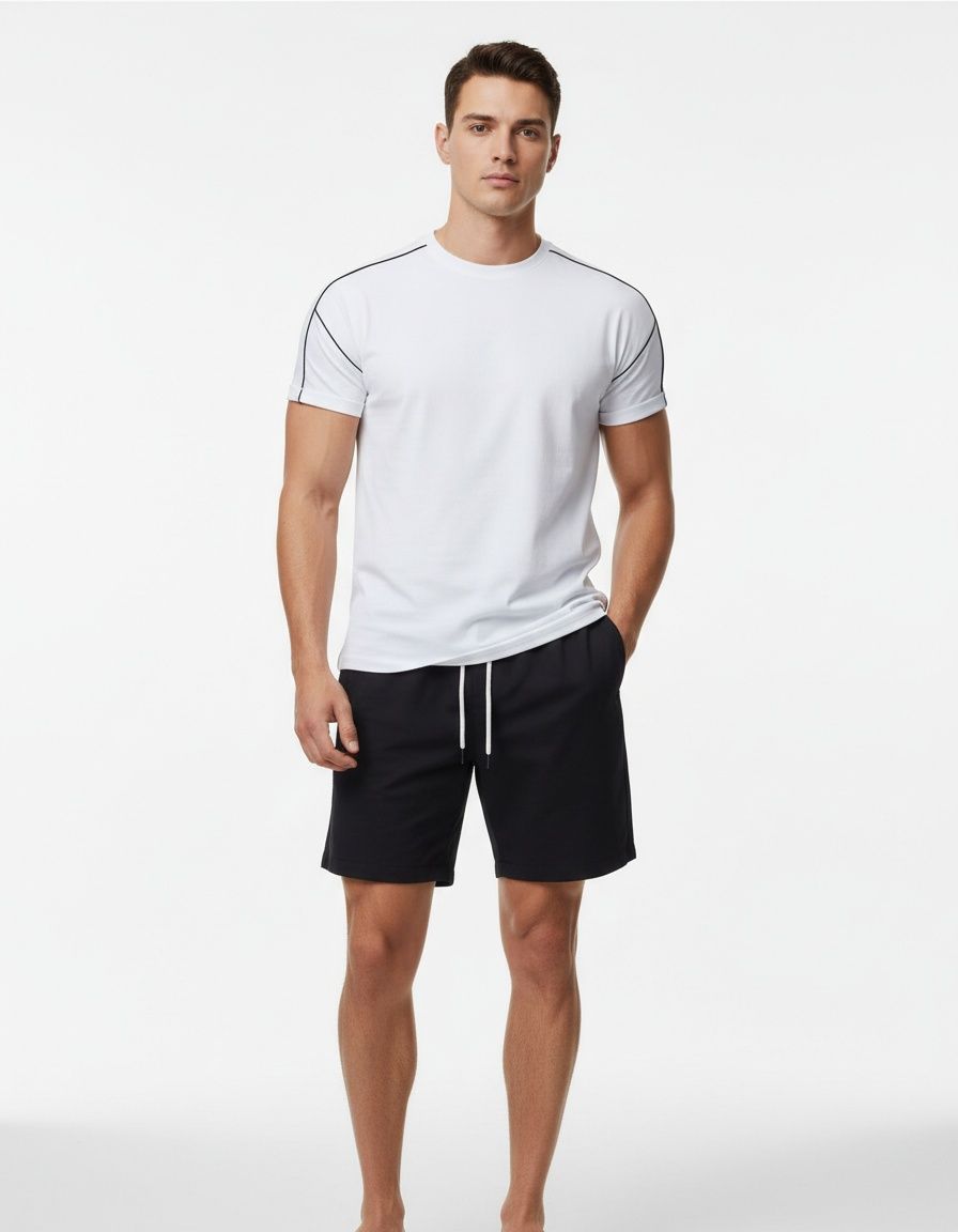 Camiseta de hombre con cuello redondo, rayas y bloques de color, corte entallado, para uso informal de verano.