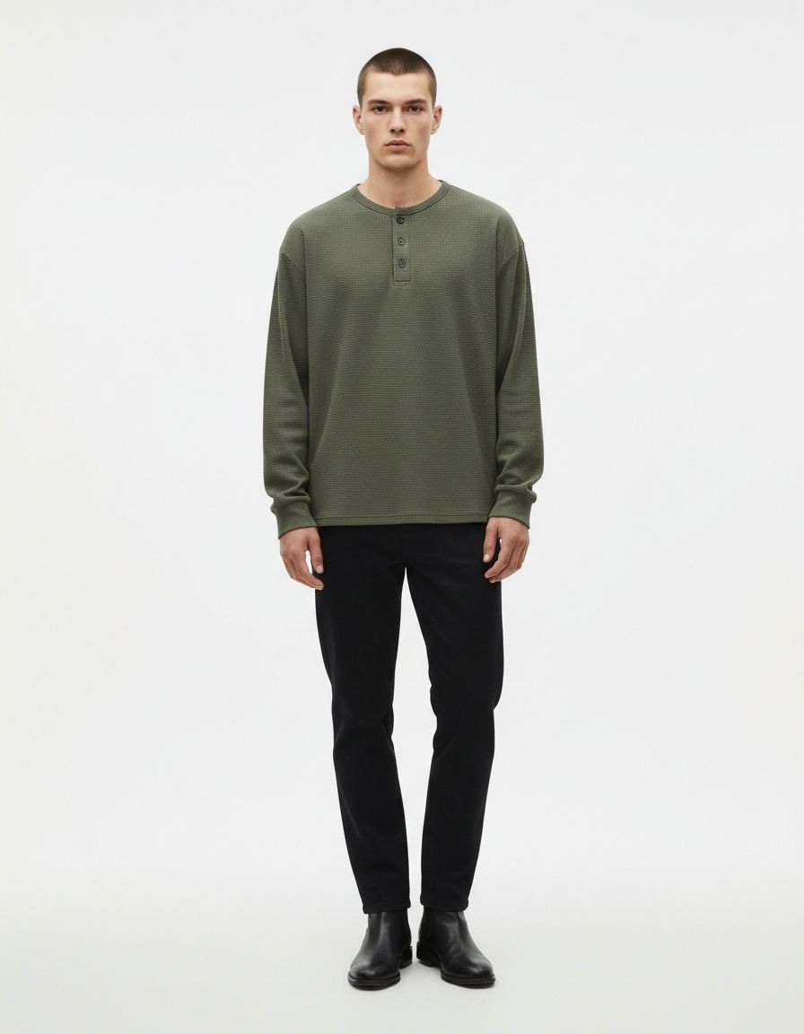 Retro American Style Loose Henley Shirt for Men's Breathable Winter Casual Wear