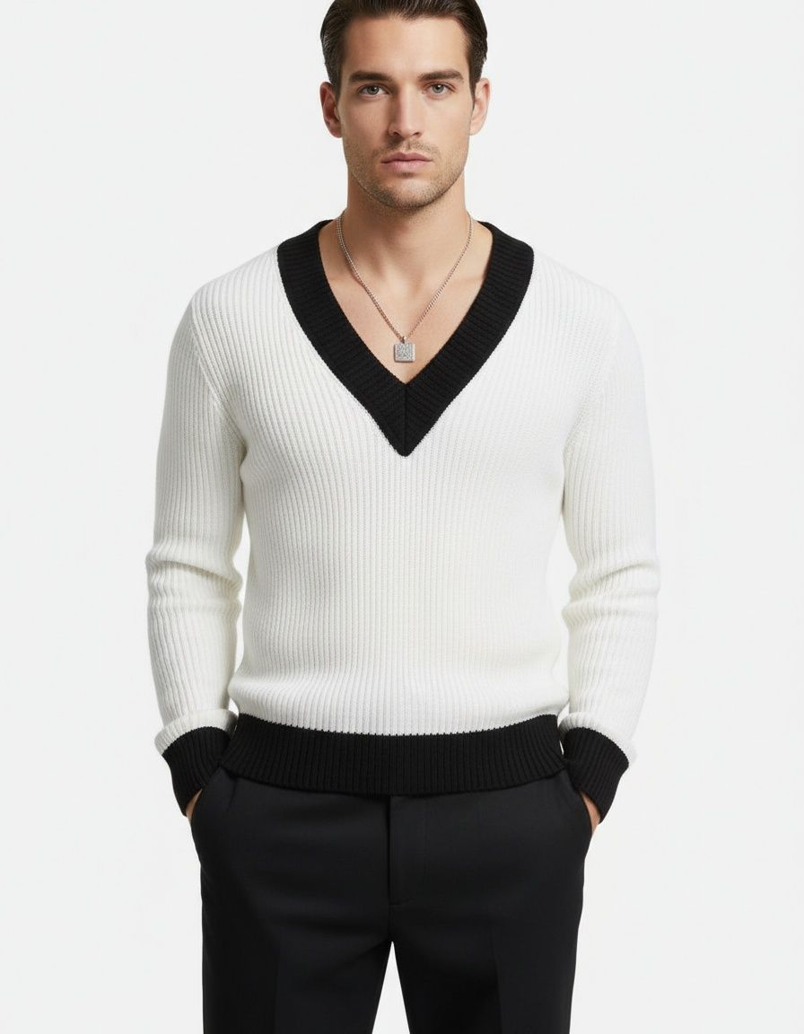 Slim Fit V-Neck Color Block Knit Sweater for Men's Casual Winter Wear