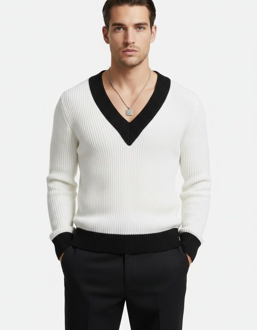 Slim Fit V-Neck Color Block Knit Sweater for Men's Casual Winter Wear