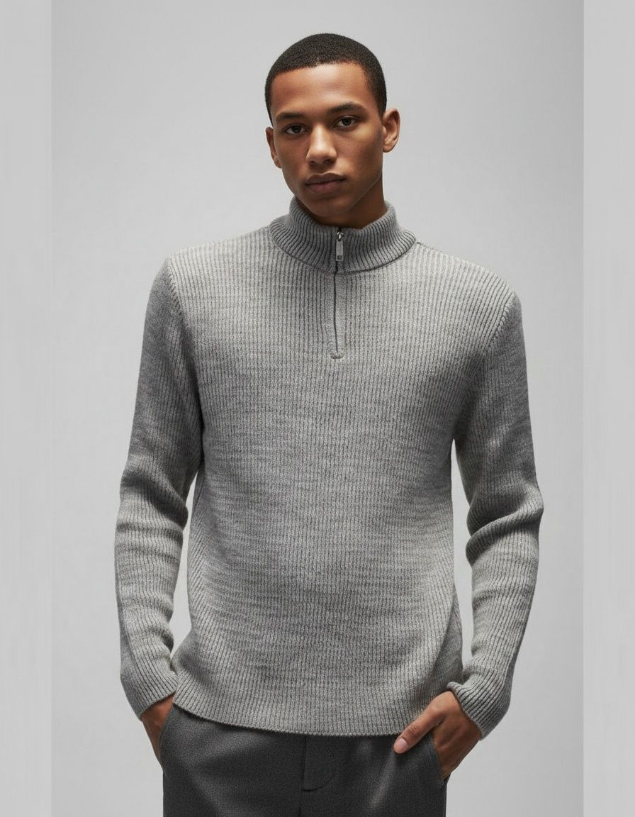 Half-High Zipper Collar Casual Knit Sweater for Men's Winter Wear