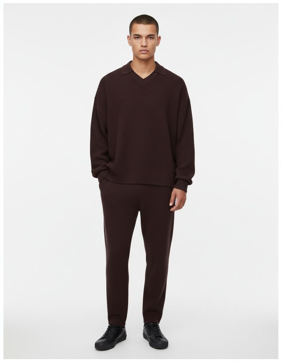 Knitted Polo Collar V-Neck Long-Sleeved Winter Sweater for Casual Men's Wear