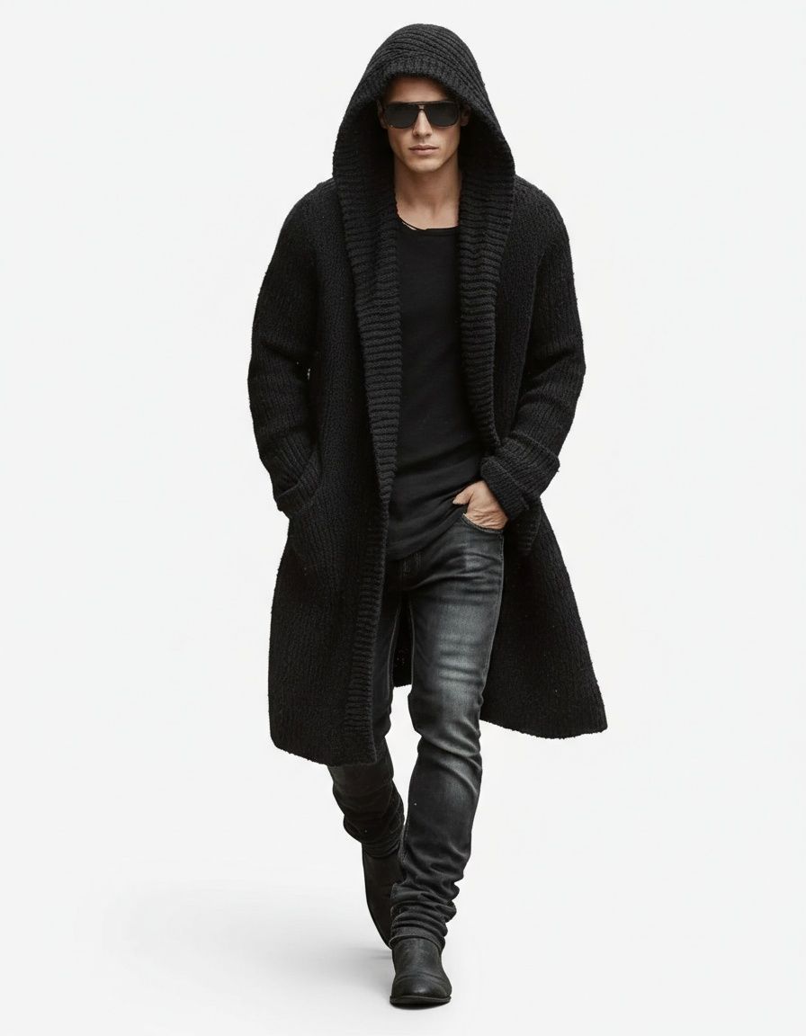 Solid Color Hooded Cardigan Sweater for Men's Winter Casual Wear