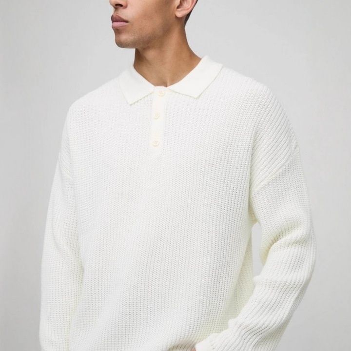 Button-Down Collar Polor Solid Color Casual Winter Sweater for Men