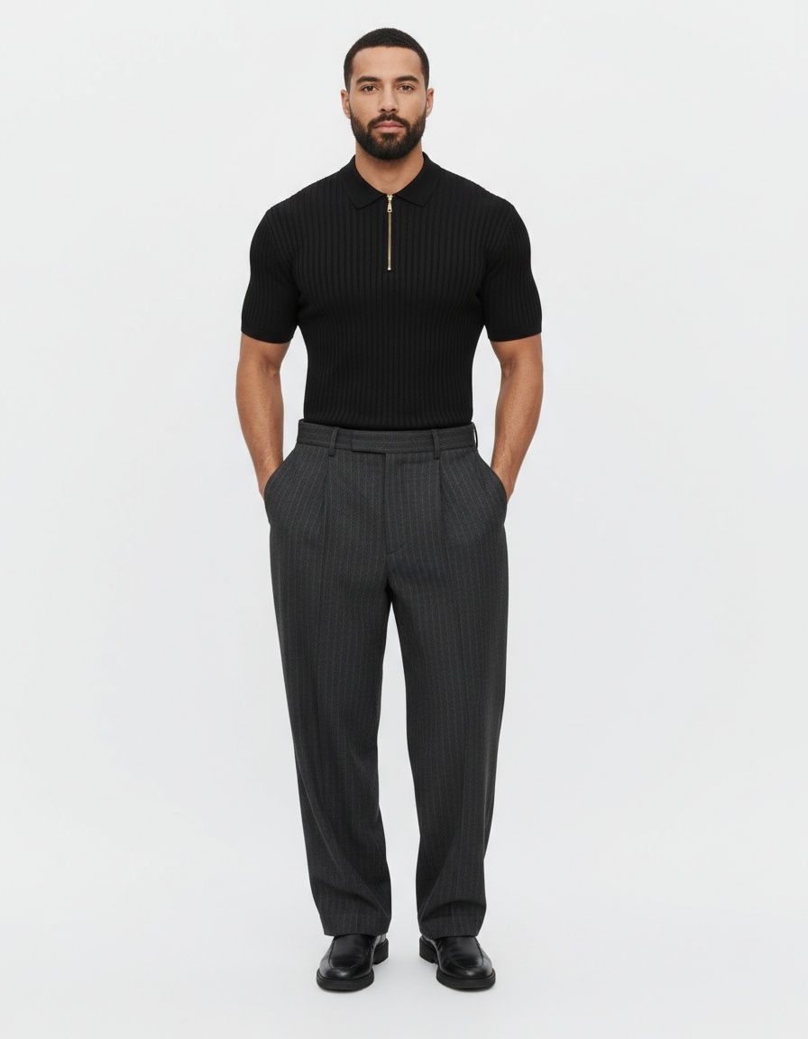 Ribbed Zipper Short-Sleeve Polo Shirt for Men's Casual Spring Wear